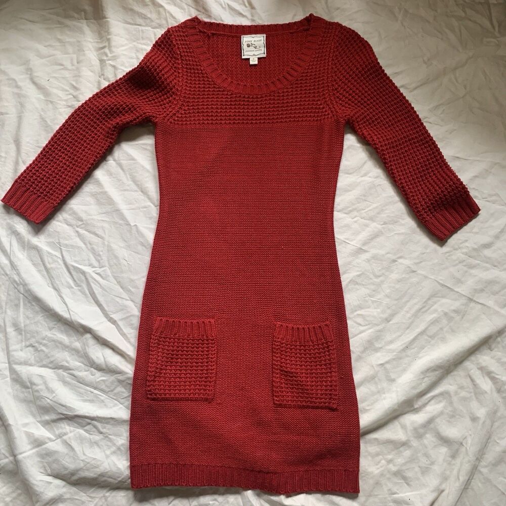 Vintage Sweater Dress Women Small Pink Rose Red Long Sleeve Cottagecore Y2K Knit